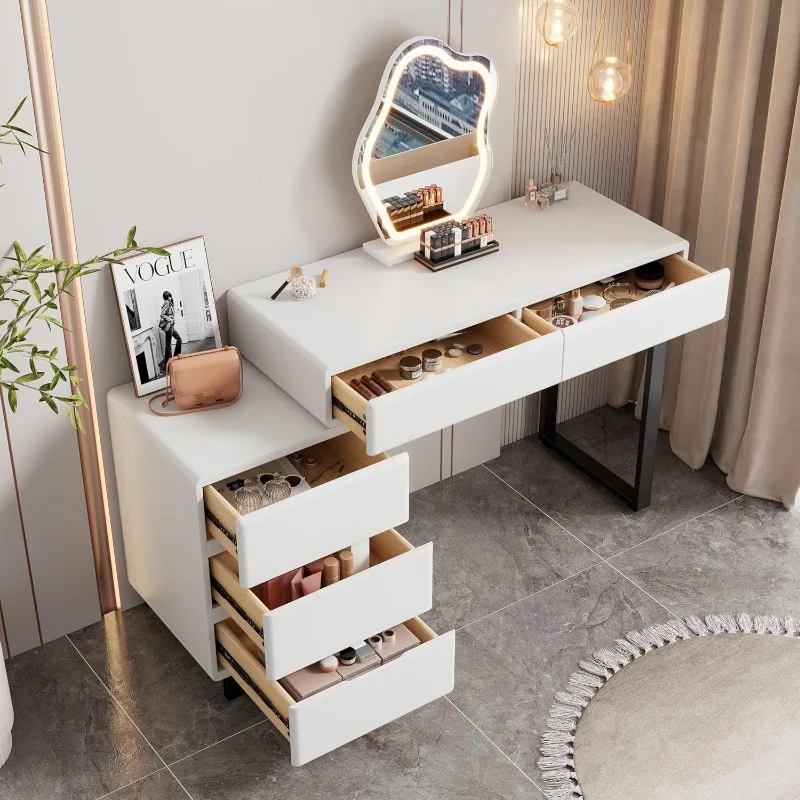 Modern Vanity Desk with Led Mirror and 3 Color Lights, Adjustable Brightness, Small Makeup Vanity Set with 5 Drawers