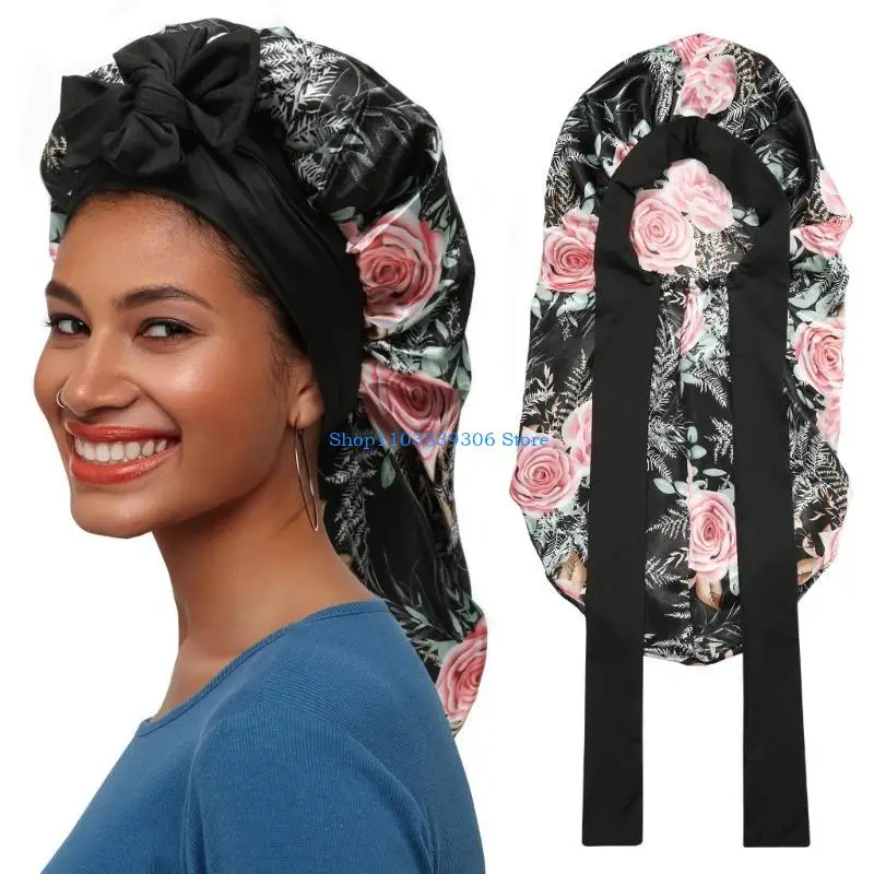 400A Long Silky Sleep Bonnet for Curly Hair Long Braids Satins Hair Bonnet