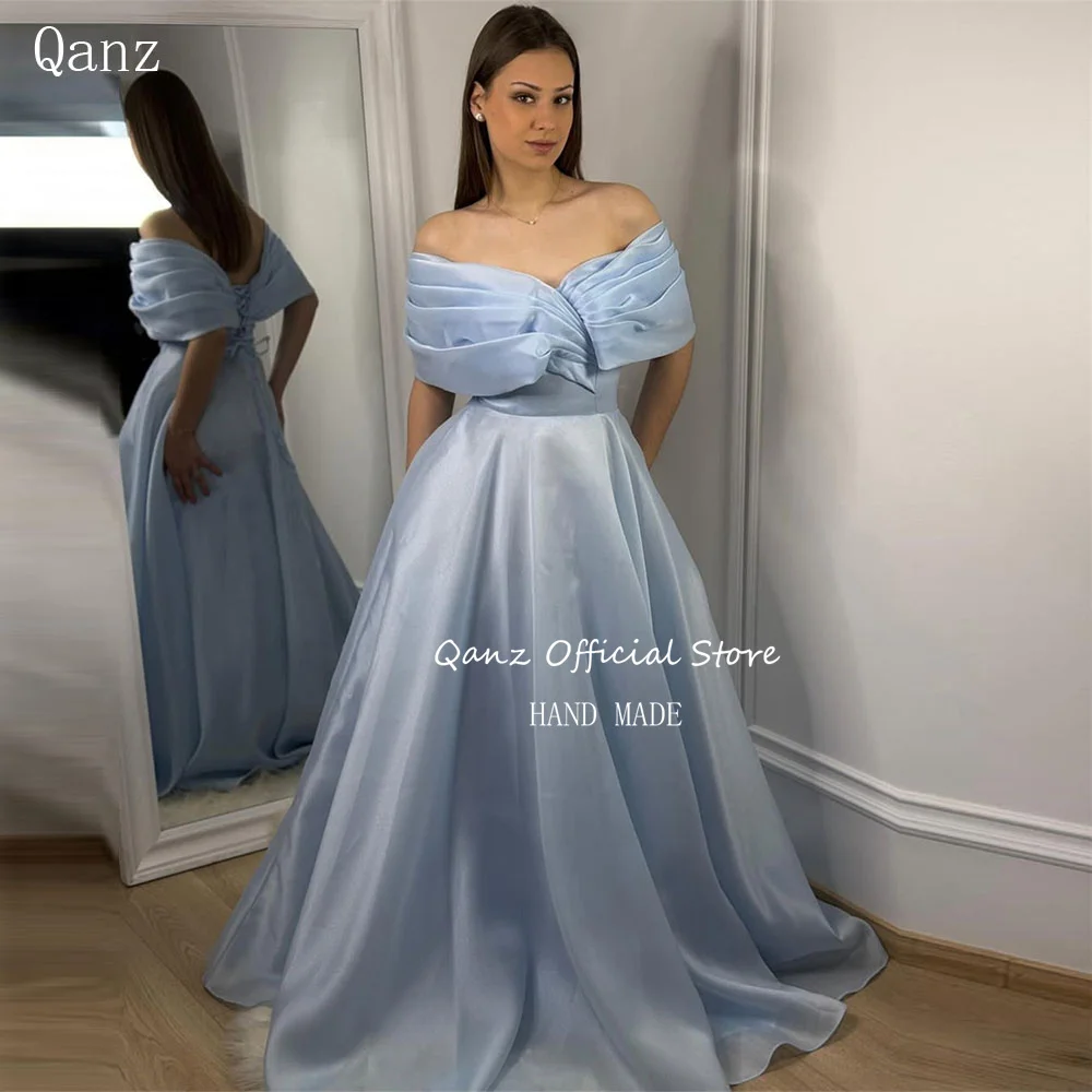 

Qanz Light Blue Women Prom Dresses Organza Off The Shouder Long A Line Formal Occasion Dress Vestido Largo Elegante Customized