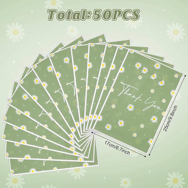 50Pcs Green Daisy Thank You Tote Torby na prezenty Plastikowa torba do pakowania cukierków na wesele Urodziny Party Ulubione małe firmy