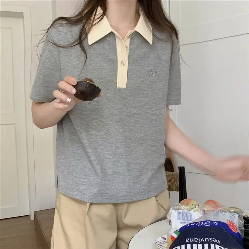 

Женская рубашка-поло контрастного цвета, повседневная, с короткими рукавами, на пуговицах, свободного кроя, летний топ