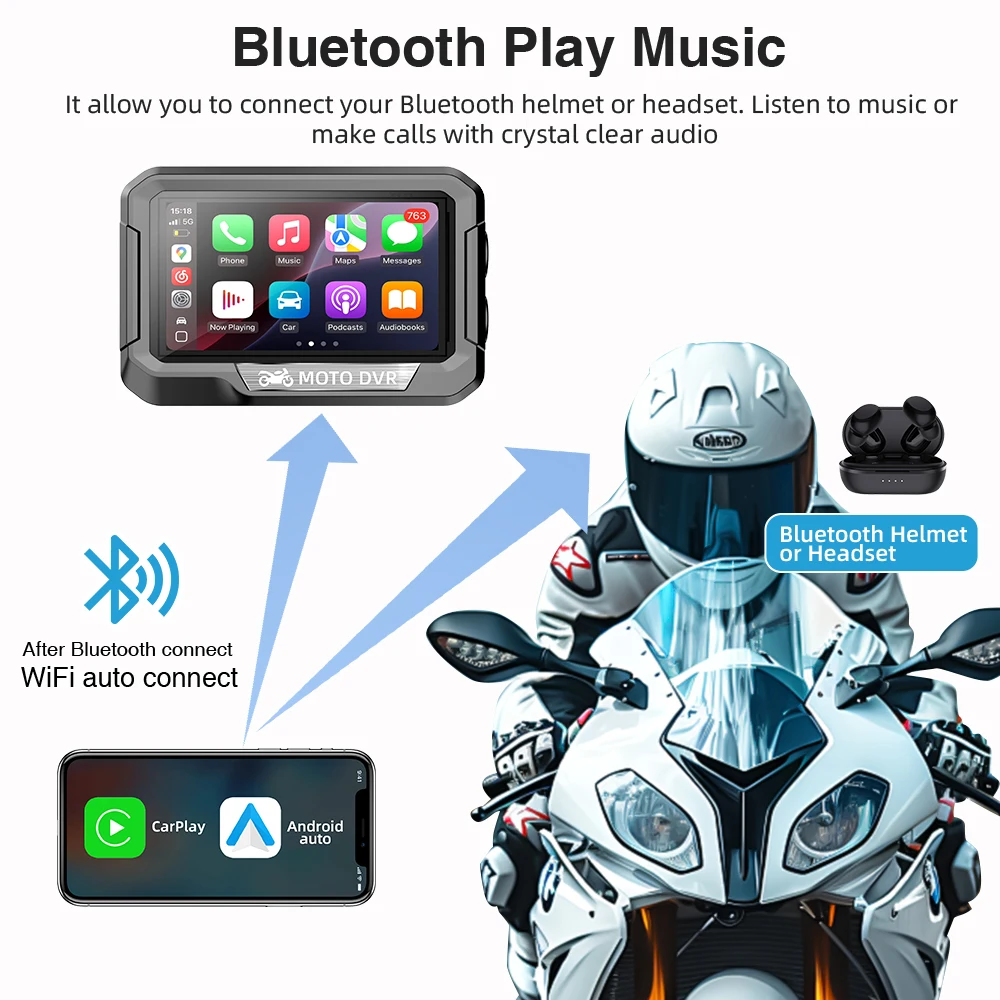 المحمولة 3.4 بوصة دراجة نارية لتحديد المواقع والملاحة اللاسلكية Carplay أندرويد السيارات DVR محرك مسجل موتو مراقب واي فاي IP67 مقاوم للماء