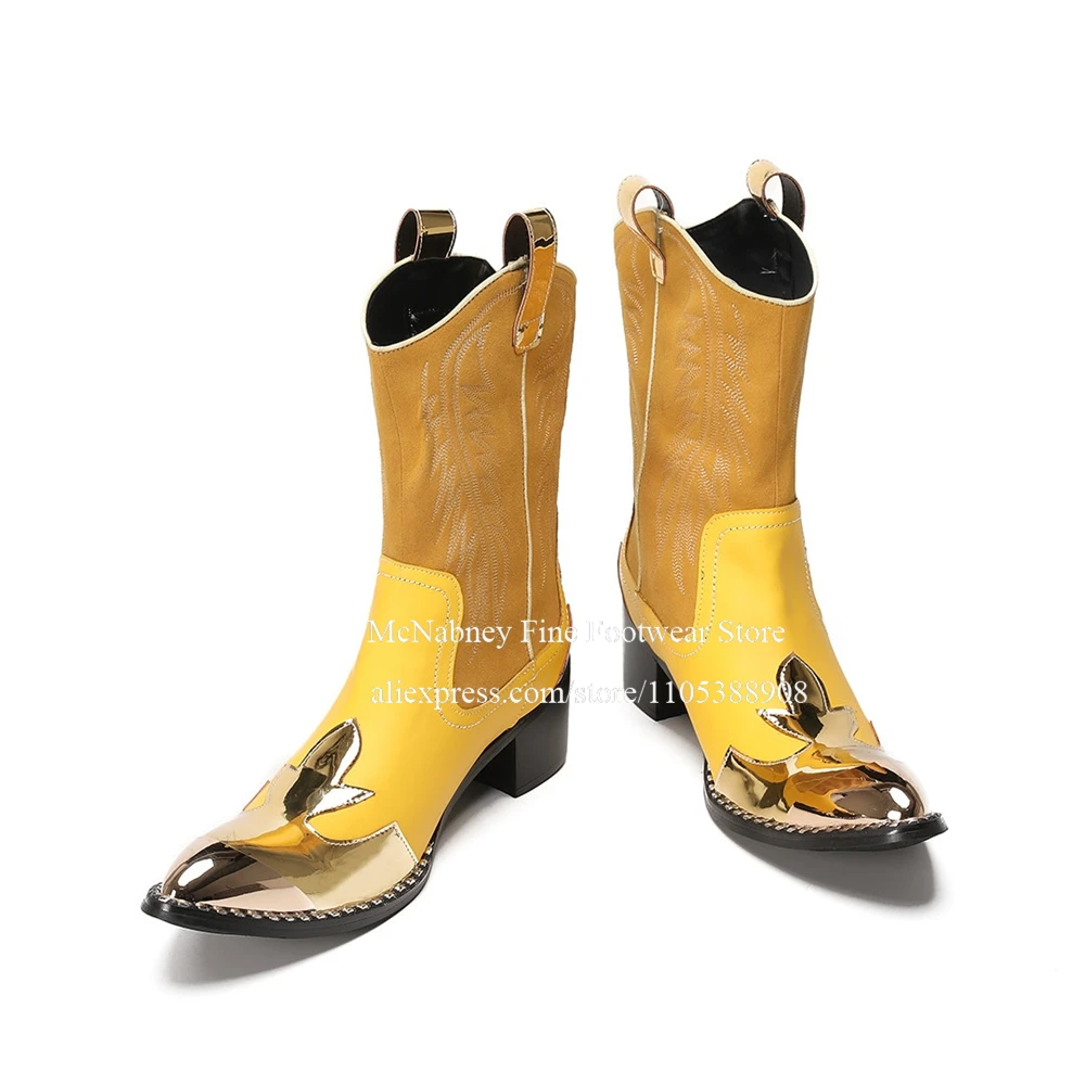 Yellow Gold Metal Toe Suede Western Cowboy Boots Embroidery Pointed Toe Mid Calf Men Boots Trendy Boots for Casual Festival Wear