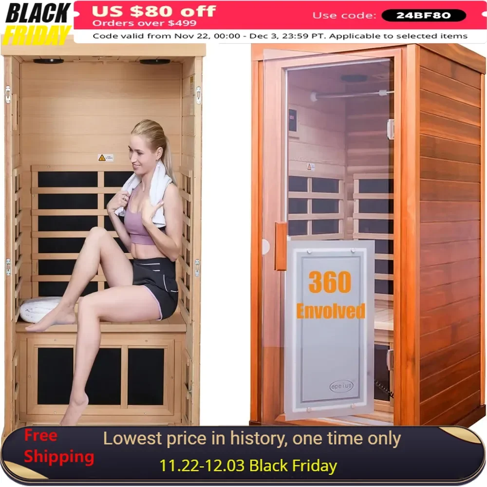 Far Infrared Wooden Sauna Red Cedar, 1-Person Size, with 1350W, 8 Low EMF Heaters & 2 Bluetooth Speakers