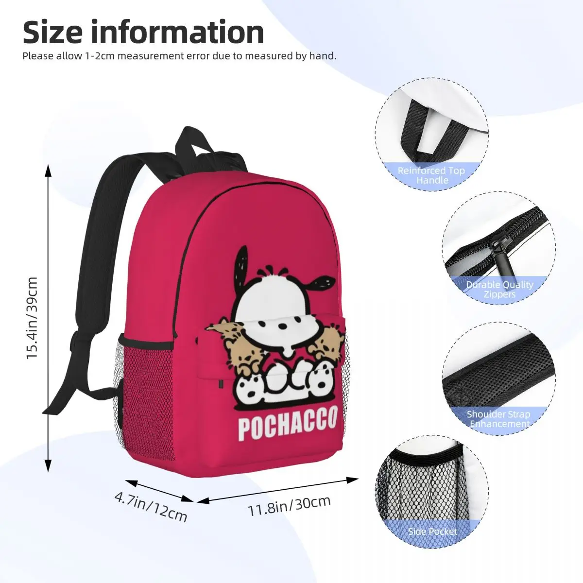 Pochacco 15-Inch Waterproof Backpack - Lightweight Travel Bag with Multiple Pockets for Organization