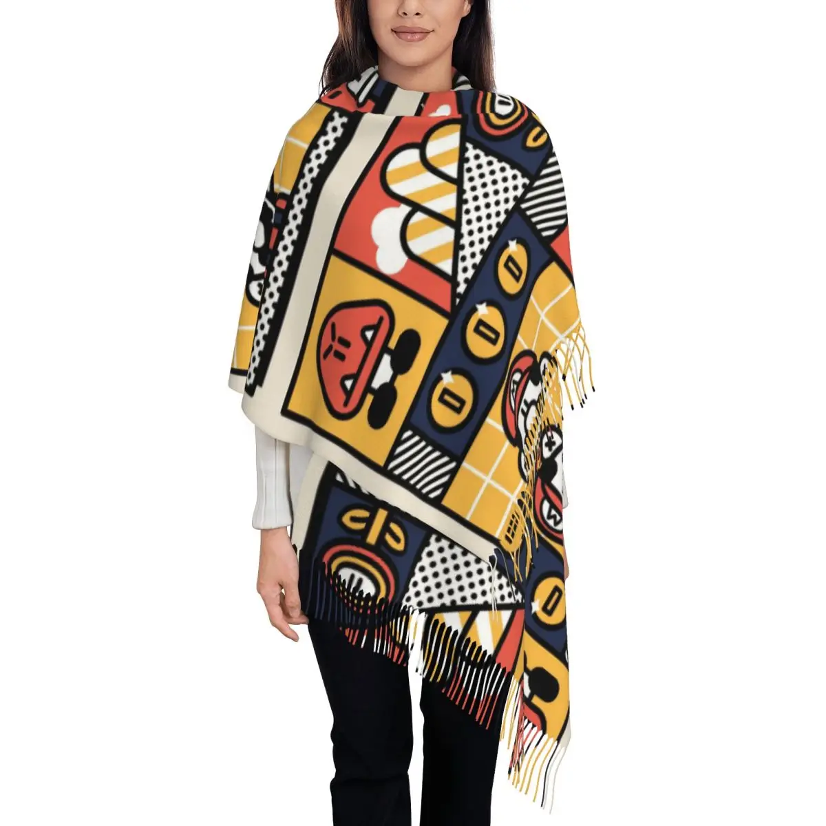 

Шарф Super Marios с героями мультфильмов для женщин, теплая зимняя шаль из пашмины, длинные шарфы с кисточкой, легкий вес