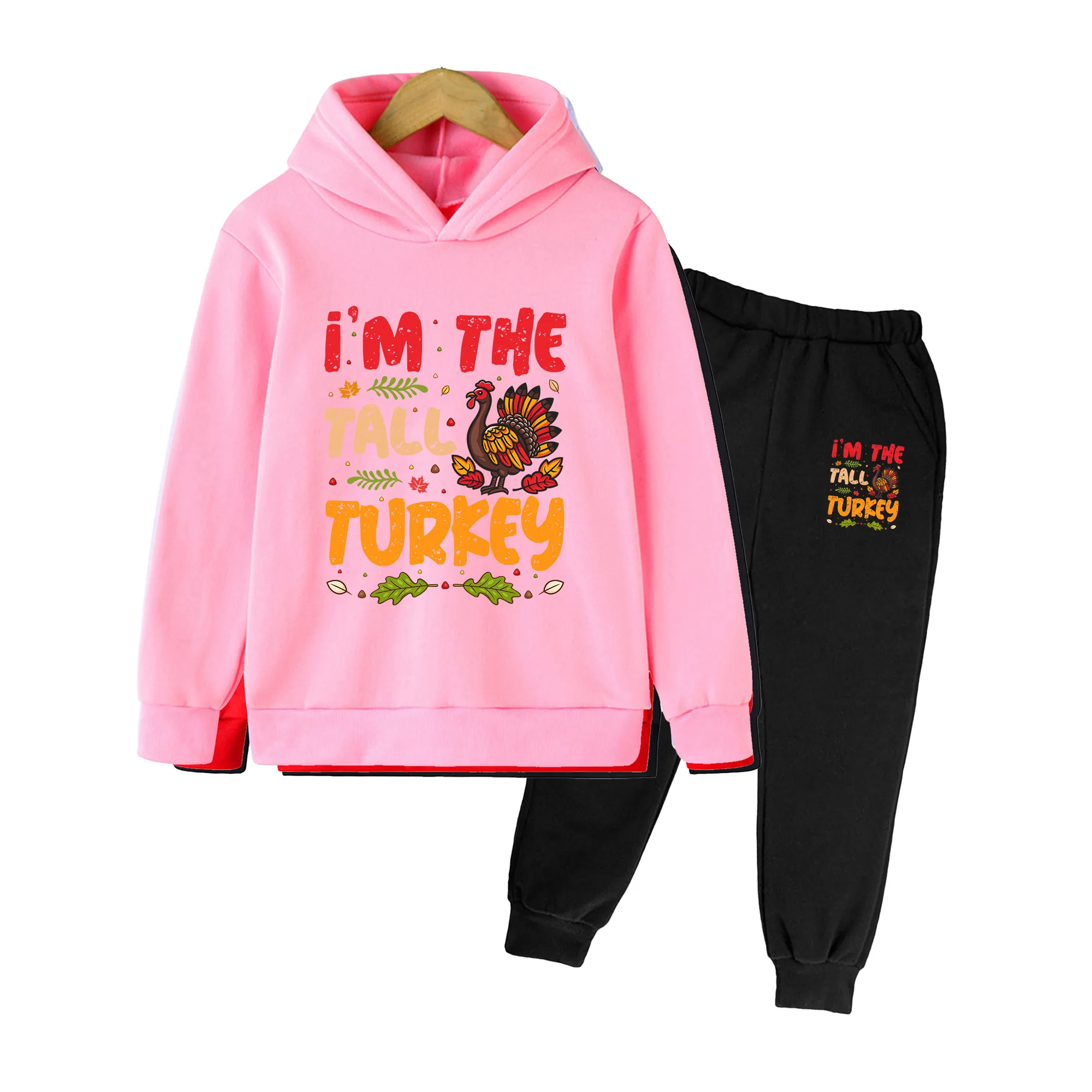 Kids Thanksgiving Hoodie & Pants Set, I'M THE TALL TURKEY Print Outfit for Boys Girls Fall Holiday Wear