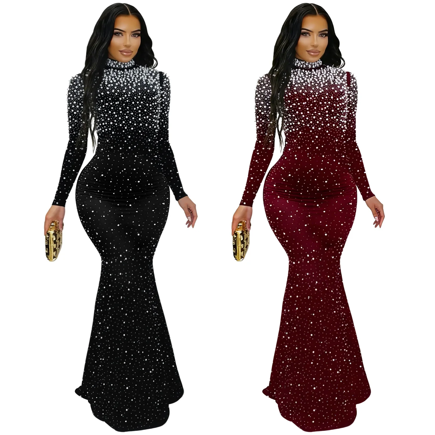 

Spring Autumn 2026 Fashion Women Long Sleeve Solid Color Diamond Party Evening Long Maxi Dress Dashiki Africa Clothing Outfits