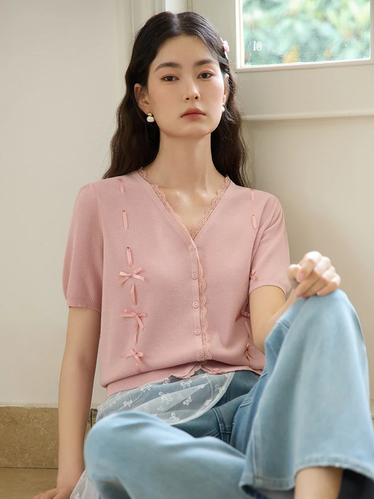 DUSHU【3 Colors】Women Summer Thin Knitted Cardigans Lace Decoration V-Neck Female Single Breasted Knit Pink Tops 24DS82574