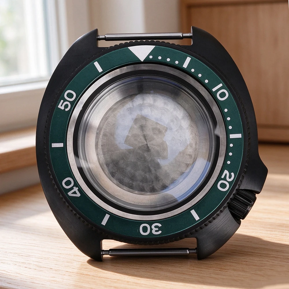 Black 44MM Watch Case Stainless Steel For Mod SKX6105 NH34 NH35 NH36 NH38 Movt Sapphire Glass Green Bezel 4.1 O'Clock Position