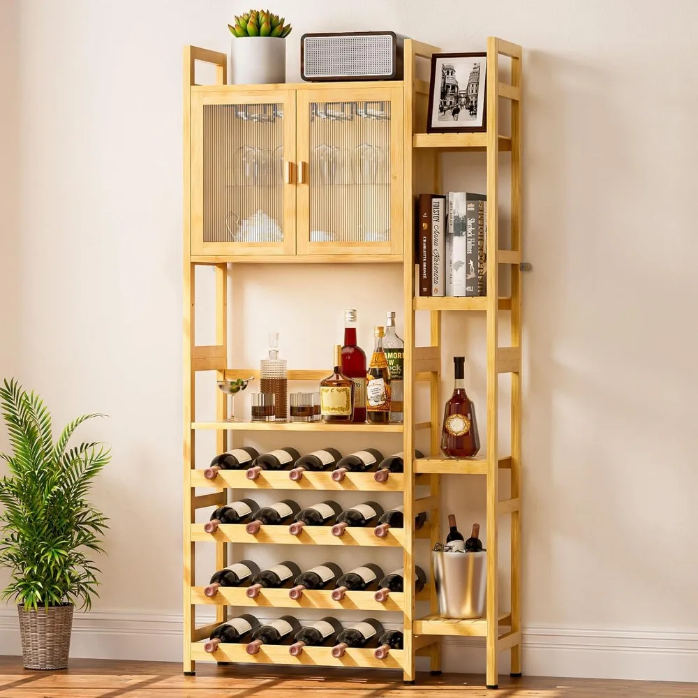 

Wine Bar Cabinet, Wine Rack Floor Free with Doors Glass Holder, 4 Tiers Wine Bottle Storage and Side 4-Layer Shelves for Living