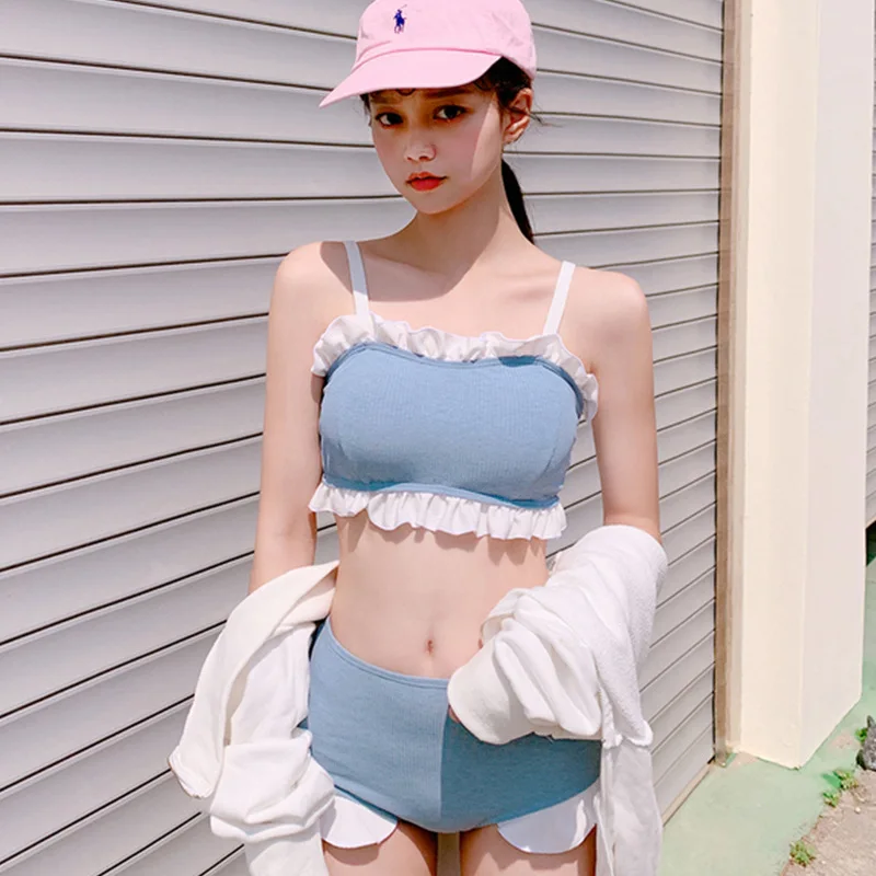 

Hot Sale Of The Season Korean Style Fresh Blue Strap White Halter Neck Bikini Women's Conservative Swimsuit Two-Piece Swimwear F