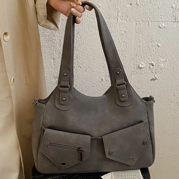 Retro Motorcycle Style Women Tote Bag Large Capacity PU Shoulder Crossbody Bag Multi Pockets Casual Daily Handb