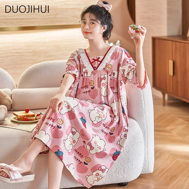 DUOJIHUI Summer Sweet Simple Printed Casual Sleepwear Women New Chicly Neck Basic Loose Soft Fashion M-3XL Female Midi Nightgown