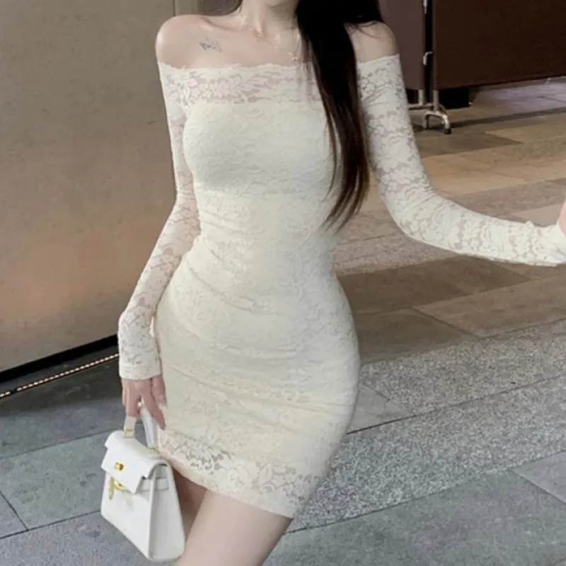 2023 New Summer Fashion Sexy Lace Hook Flower Slim Fit Long Sleeve Pure Lust Style Off Shoulder A-line Wrap Hip Short Dress