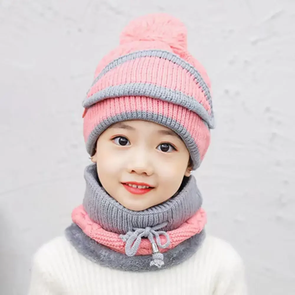 Com cachecol chapéu de tricô meninas meninos forro de lã pescoço mais quente crianças chapéus de inverno chapéu de cobertura cachecol conjunto crianças bonés bebê bonnet