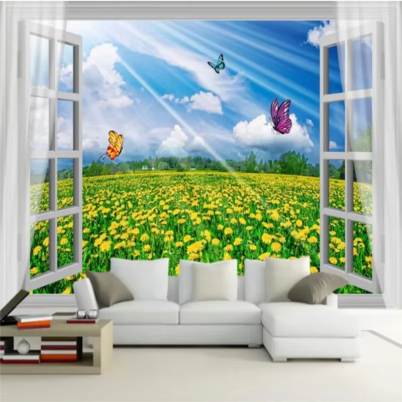 

beibehang Фотообои 3D: Белое окно, голубое небо, подсолнухи. Обои для стен 3D.