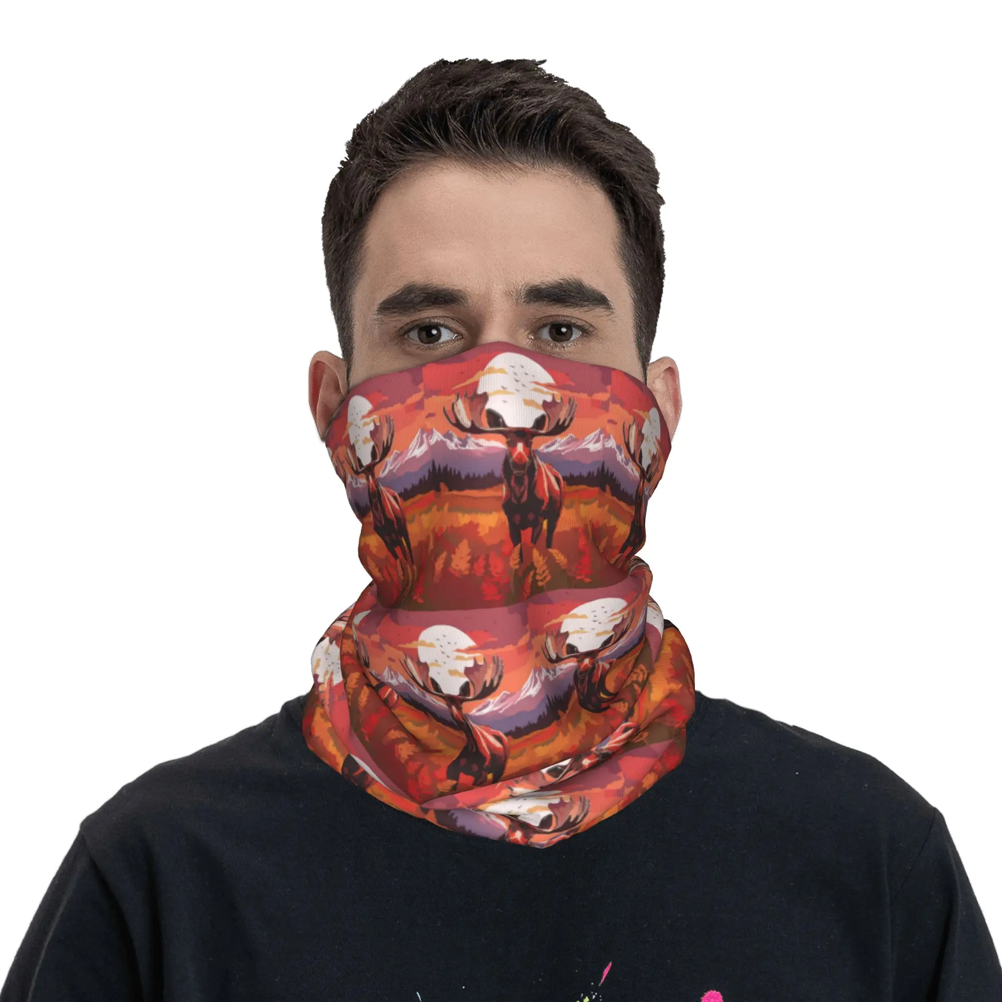 Wild Moose Deer Design Bandana Neck Gaiter Printed Mask Scarf Headband Riding Unisex Adult Winter