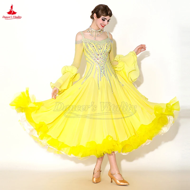 

Женский новый стиль, роскошные AB Stones, одежда для бальных танцев, вальс, соревнования по социальным танцам, желтые платья