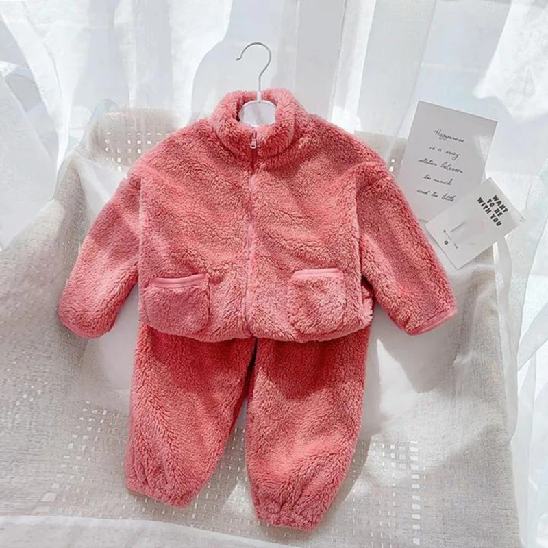 Autumn Winter Warm Boy Girl Clothes Pajamas Set Thick  Toddler Child Solid Color Long Sleeve Sleepwear Kids Home Suit 2-6Years