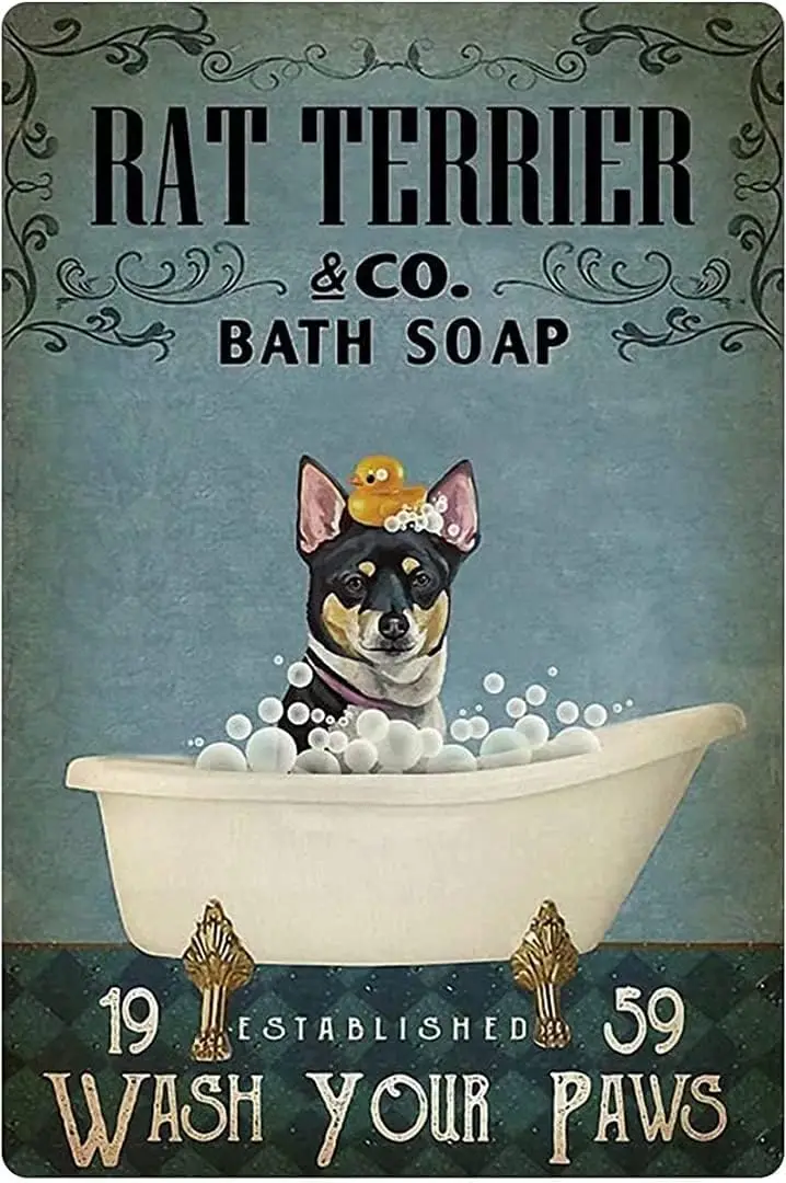 Rat Terrier Dog Bath Soap Bathroom Metal Tin Sign,Wash Your Paws Super Durable Bathroom Retro Plaque Posters Cave Bar Ornaments 