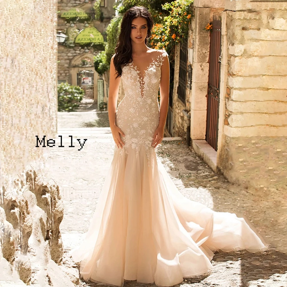 Champagne Wedding Dresses for Women Sleeveless Mermaid Bridal Gowns with Lace Soft Tulle Vestido De Novia Backless 2024 Summer