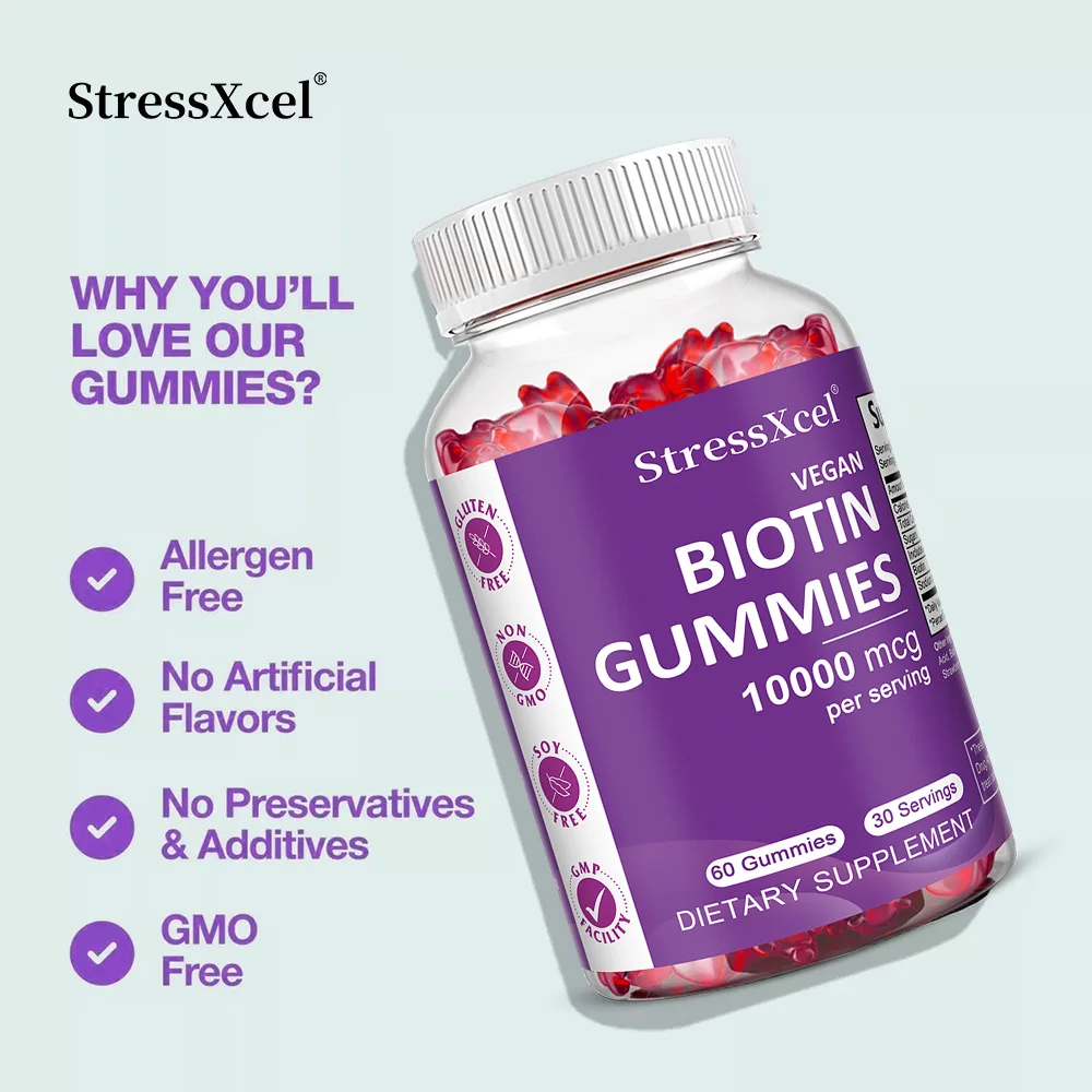10,000 ماك جرام من علكات البيوتين - تعزز نمو الشعر، ويقوي الأظافر، ويحافظ على البشرة الصحية، وتنظيم عملية التمثيل الغذائي
