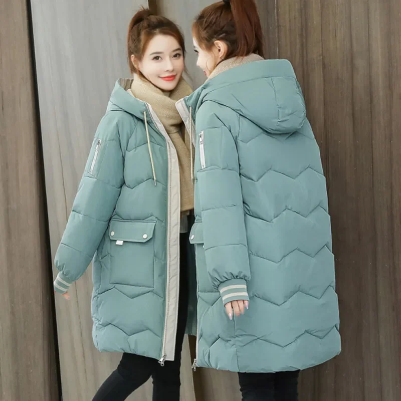 Down Cotton Jacket Women Mid Length Version Zipper Loose Overcoat Thickened Leisure Lapel Topcoat 2023 New Autumn Winter Girls