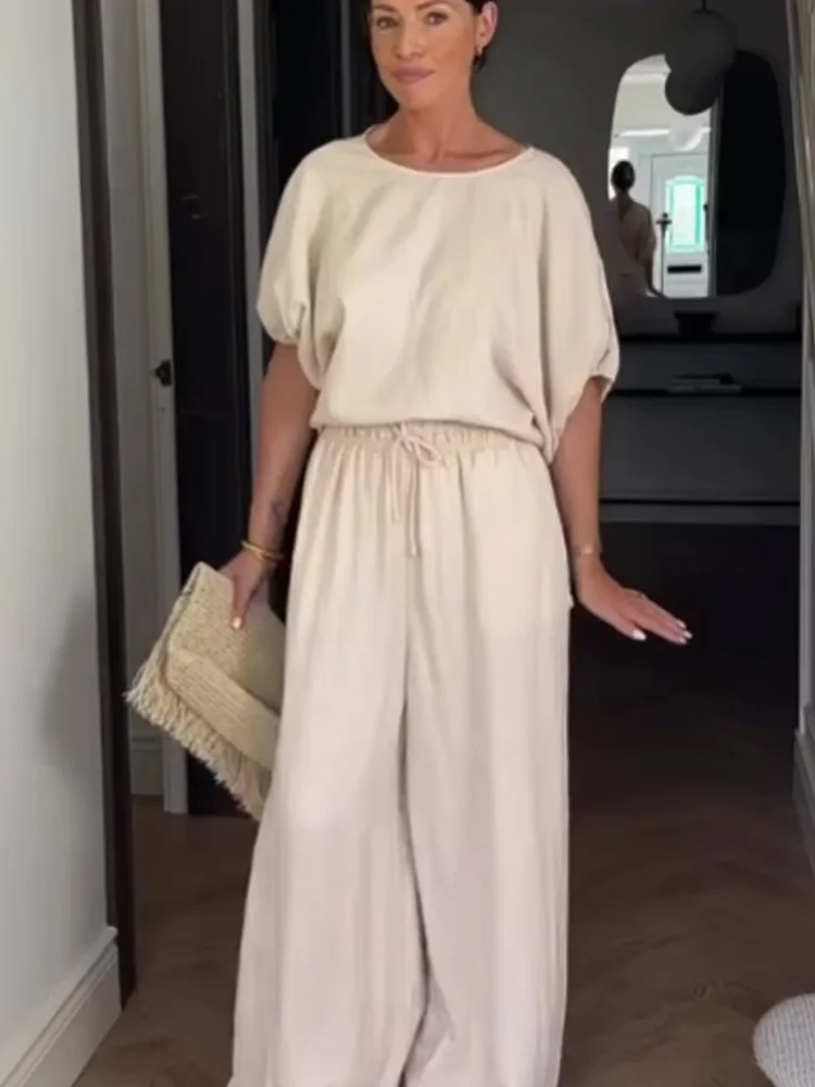 HH, camisa con cordones y cuello redondo con mangas abullonadas y botones a la moda para mujer + pantalones ajustados con cordón de cintura alta, conjunto liso de 2 piezas