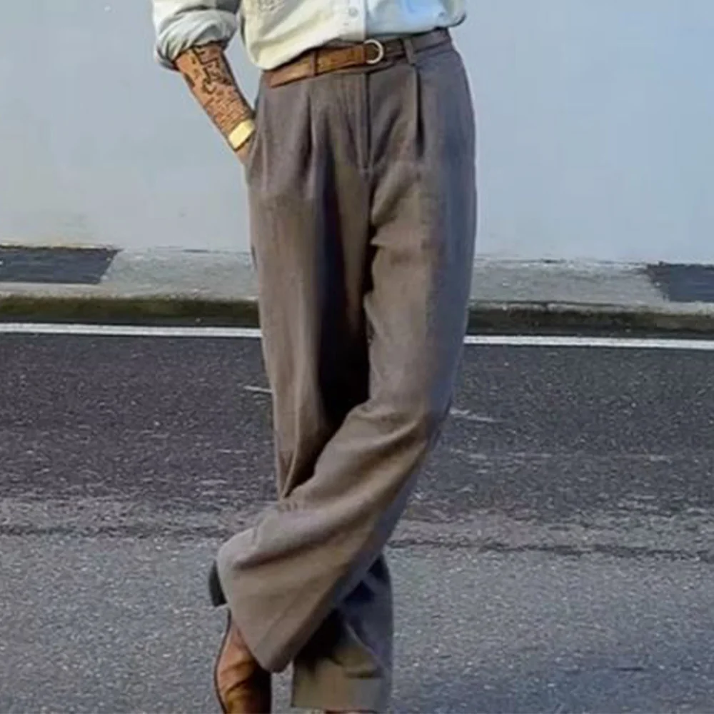 

Мужские плиссированные классические брюки, однотонные повседневные прямые брюки в стиле ретро, удобные дышащие деловые повседневные офисные брюки