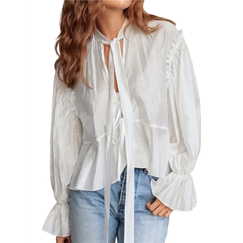 ASDS-Tie Front Tops Dames Peplum Top Lengte Mouw Uitgaan Tops Zomervakantie Blouse