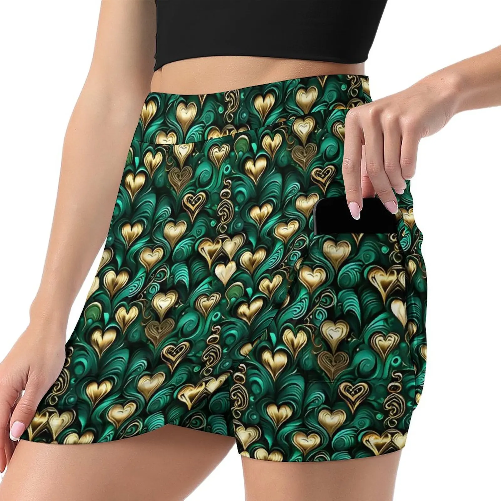 Gold Hearts And Swirls Print Skirt  Y2K Casual Skirts Female Kawaii Mini Skirt Design Short Bottoms Birthday Present