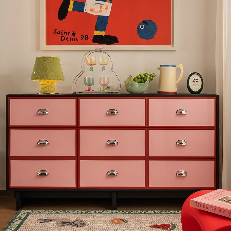 Bedside table pink dopamine contrasting color simple solid wood small apartment living room
