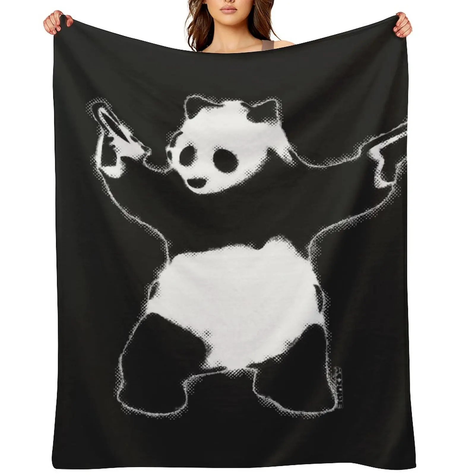 

Banksy Panda with guns black and white grunge Graffiti Street art on black background HD HIGH QUALITY ONLINE STORE Throw Blanket