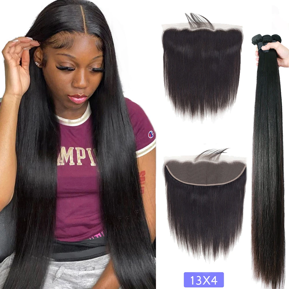 

32 34 36 inch Straight Human Hair Bundles With 13X4 Transparent Ear to Ear Lace Frontal Brazilian Hair Bundles With 4X4 Closure