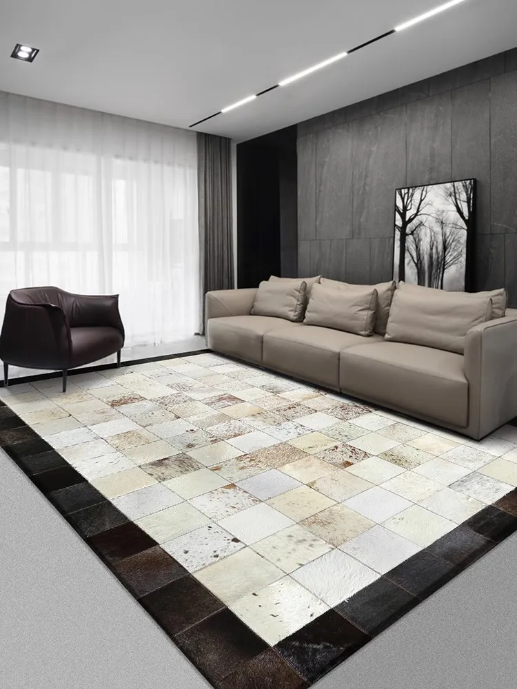 Luxury Genuine Cowhide Carpet for Living Room Black White Plaid Real Cow Fur Leather Patchwork Rug for Bedroom Sofa Table Mat