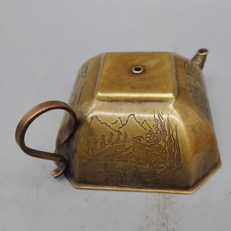 Collectible Qing Dynasty copper brass water drop inkstone dropper with landscape calligraphy motifs, stationery and deco