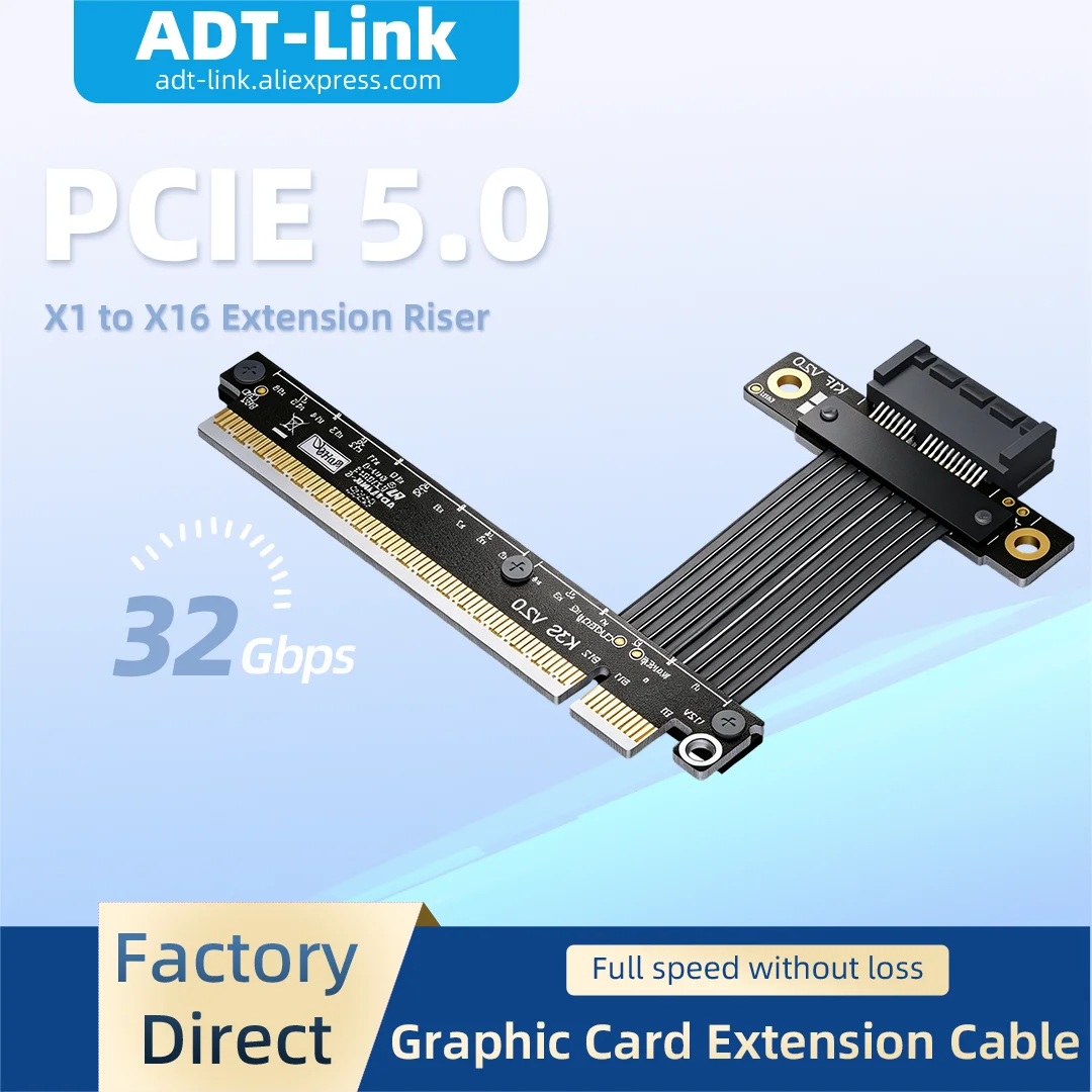 ADT-Link 32Gbps PCIe 5.0 X16 To X1 Riser Extension Cable Flexible Adapter Support Network SSD HDD USB Expansion Card For PC