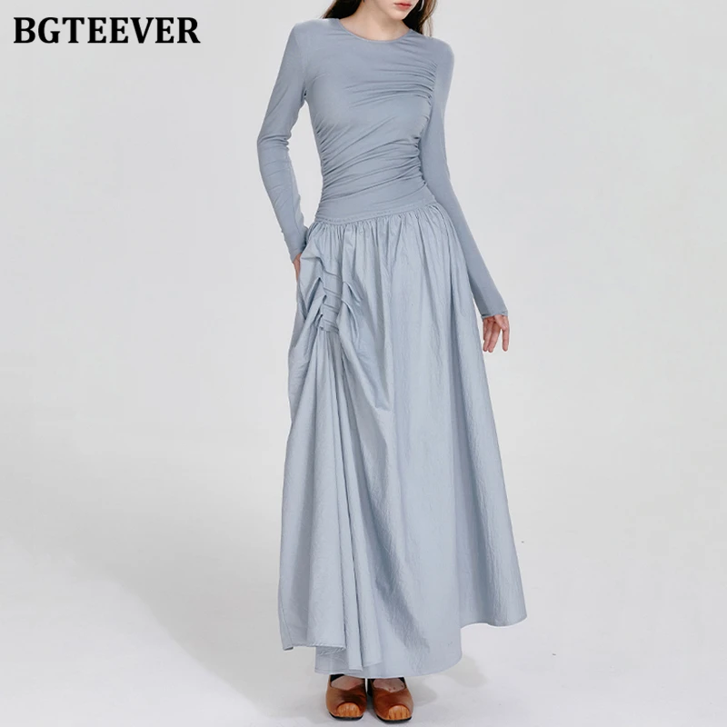 BGTEEVER Stylish O-neck Long Sleeve Female A-line Dress Autumn Fashion Slim Waist Pockets Women Mid-Length Dress