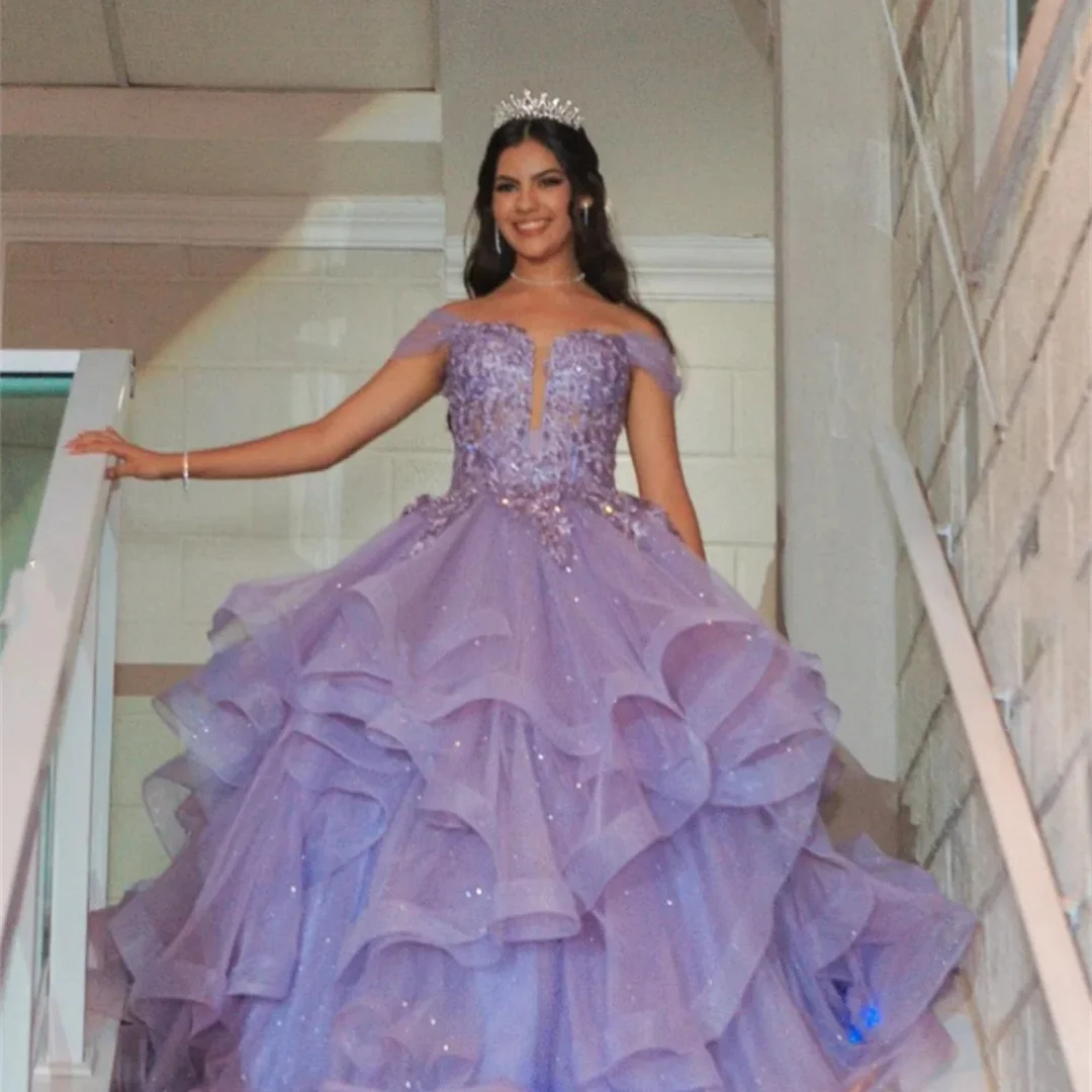 Amanda Customized Purple Sequin Prom Dress Multi-Layered vestidos de noche Off The Shoulder Floor-Length Formal Evening 2025