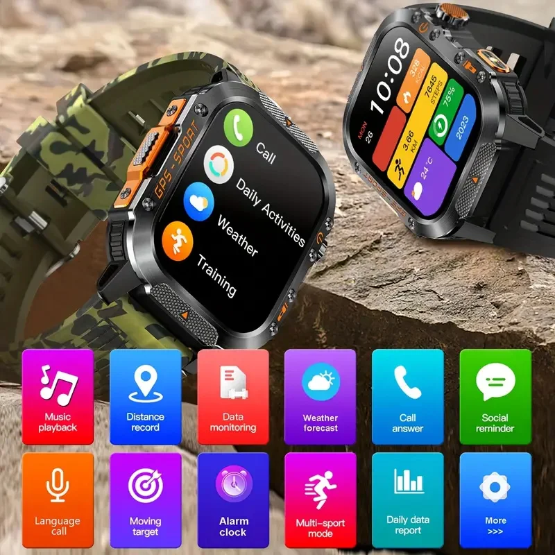 2025New العسكرية في الهواء الطلق الرياضة GPS موقف SmartWatch الرجال 3ATM مقاوم للماء البوصلة مقياس الارتفاع 540mAh BT دعوة اللياقة البدنية الساعات الذكية