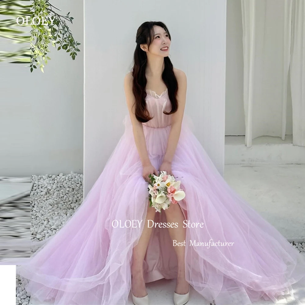 Oloey Fee Roze Tule Lange Prom Jurken Korea Fotoshoot Strapless Vloer Lengte Avondjurken Bruiloft Fotoshoot Korset Terug