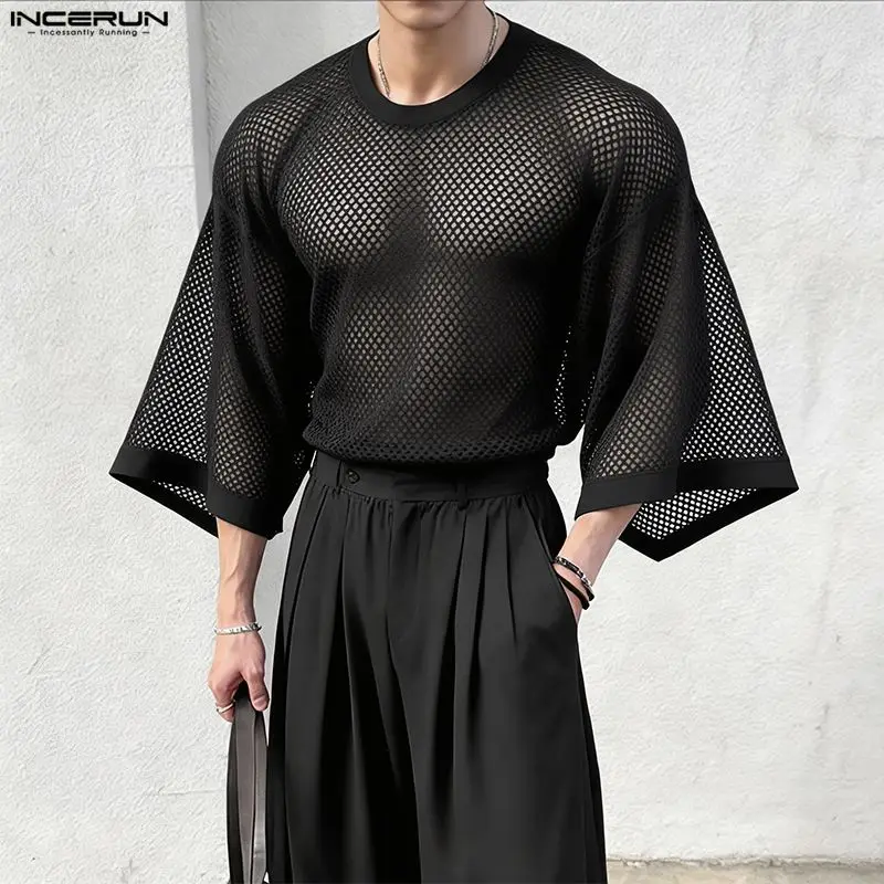 INCERUN Men T Shirt Solid Mesh See Through Sexy Oversize Men Clothes Streetwear 2026 3/4 Sleeve Stylish Casual Tops Camisetas