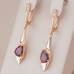 Kinel New 585 Rose Gold Color Long Dangle Earrings For Women Red Natural Zircon Bride Drop Earrings Vintage Wedding Jewelry