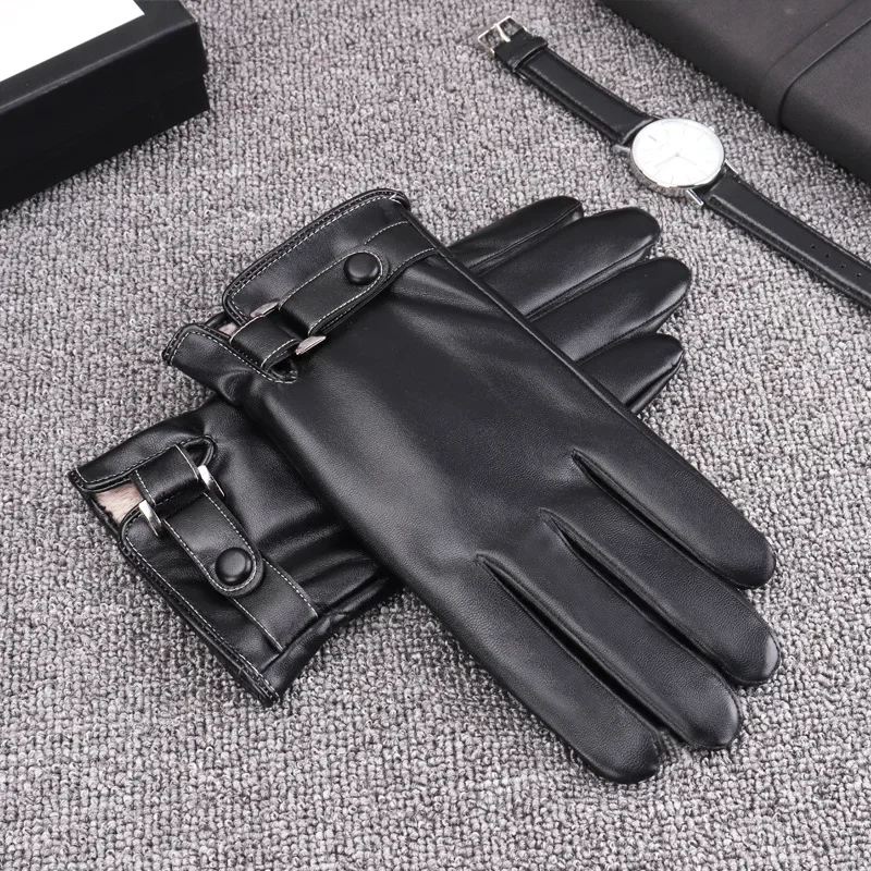 High Quality Men PU Leather Gloves Autumn Winter Warm Touch Screen Full Finger Black Gloves