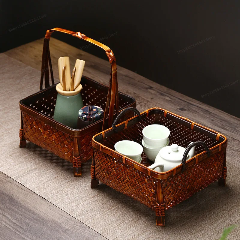For handmade bamboo basket tea set storage basket bamboo products outdoor picking basket