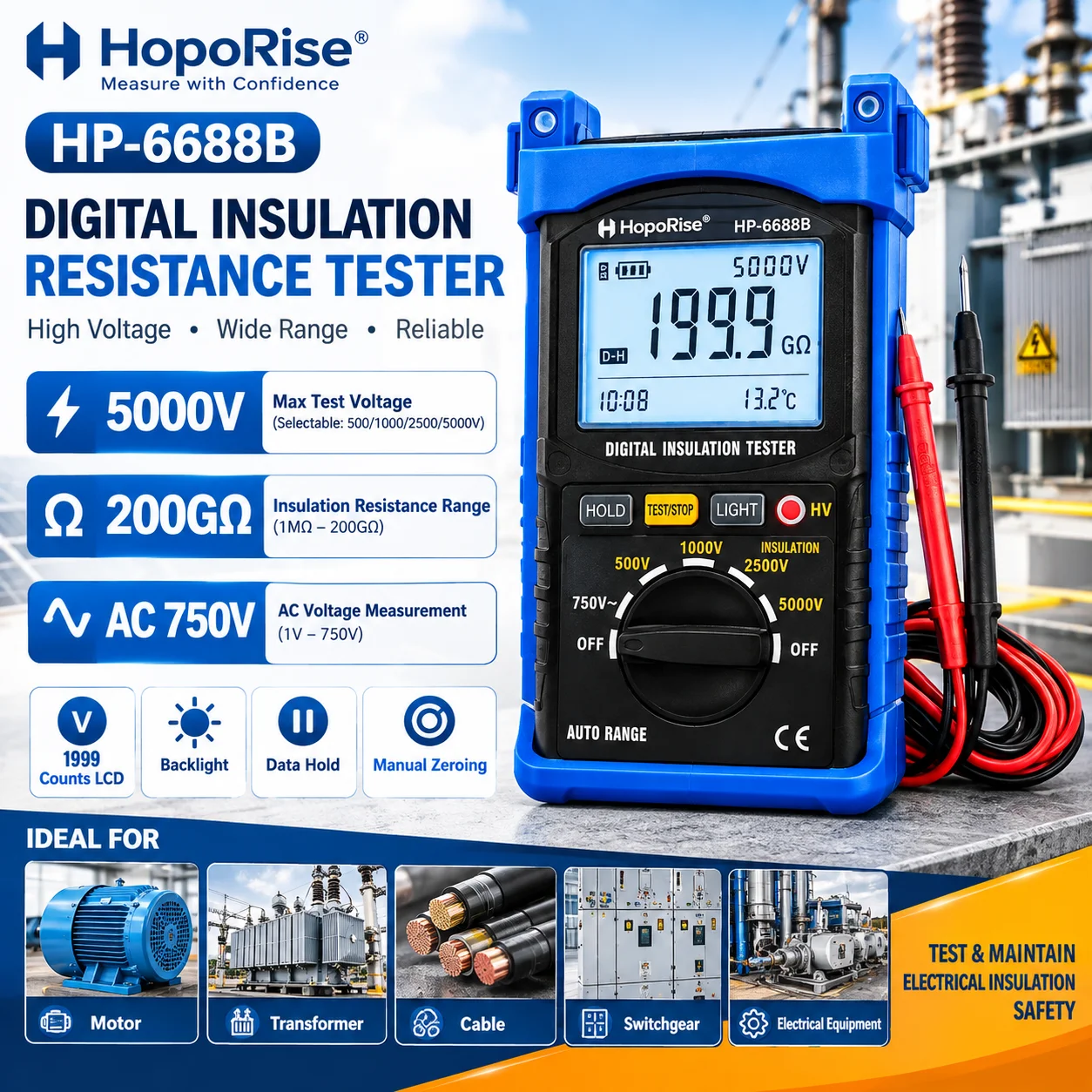 Digital Insulation Resistance Tester 5000V 200GΩ Megohmmeter 1999 Counts LCD Meter for Motor Cable Transformer Testing,HP-6688B