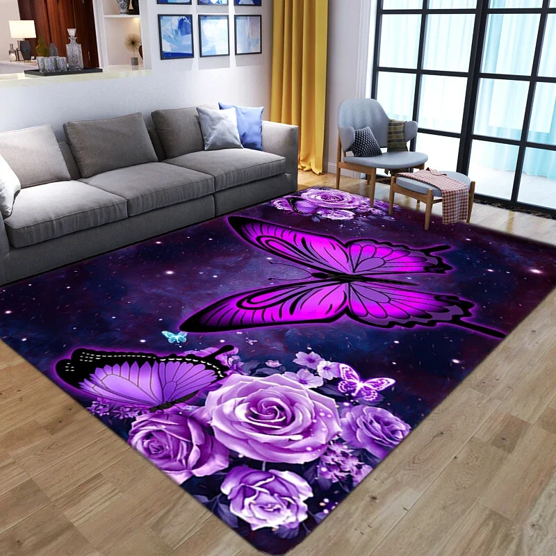 Gorgeous purple Flower Printed Carpet Modern Butterfly Carpet For Living Room Bedroom Bedside Rug Floor Mat Hallway Non-Slip Rug