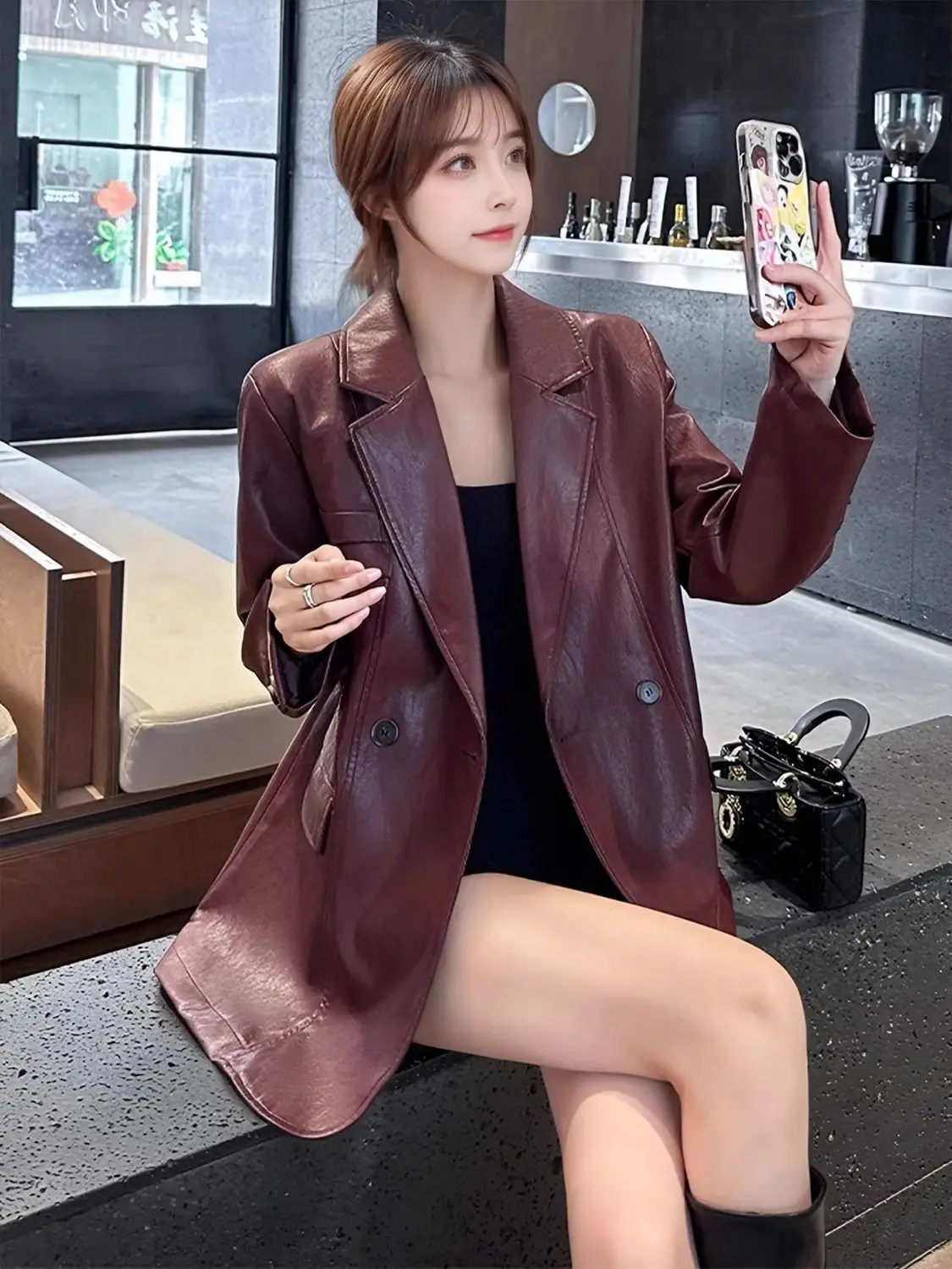 2025 Spring Autumn New Ankela Red Retro High Grade Leather Jacket for Women, Loose and Casual, Skinny Leather Suit Trendy Blazer