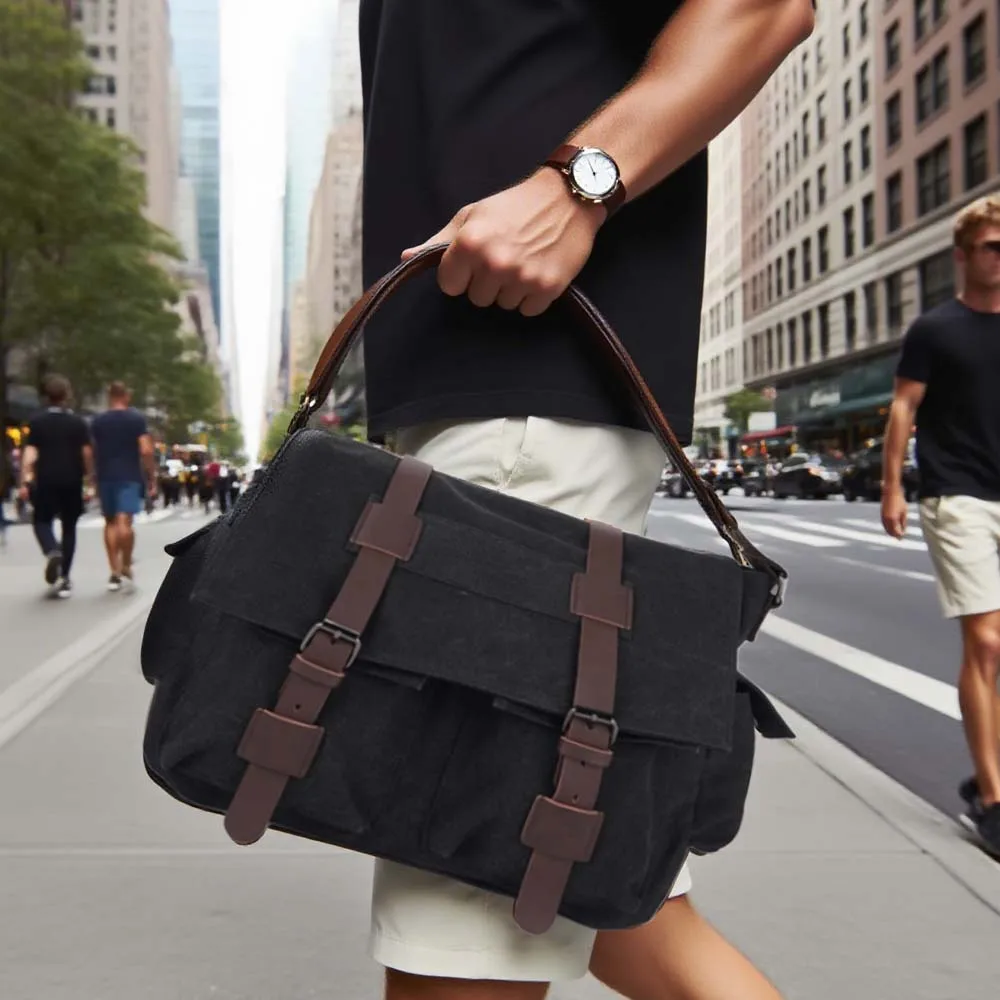 HuliTop Canvas Leather Crossbody Bag Men Handbags Leisure Work Travel Bag Crossbody Bags Shoulder Bag Motorcycle Bag